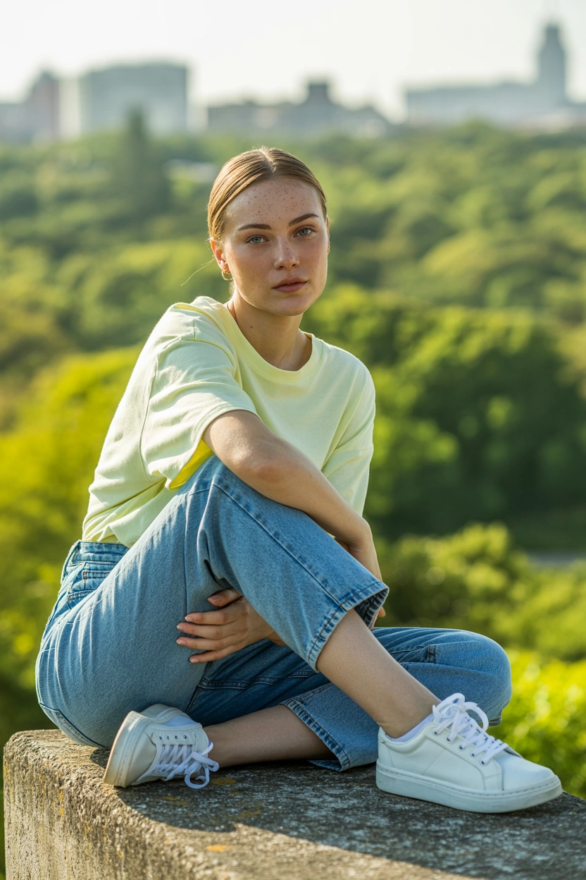 Женщина в светло-голубых джинсах mom fit и базовой светло-желтой футболке свободного кроя, на ногах белые минималистичные кеды. Она сидит на бетонной плите в парке, одну ногу согнула и обняла руками, вторая нога вытянута. Спокойный уверенный взгляд прямо в камеру, крупный план, зелёный городской фон.