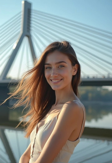 Женщина стоит на фоне Новосибирского метромоста, на ней светлое платье, волосы развеваются на ветру. Она улыбается, смотря в камеру, ее лицо хорошо освещено солнечными лучами. Мост величественно протянулся за ней, с четкими линиями архитектуры и отражениями в воде под ним. Небо ясное и голубое, создающее контраст с серыми конструкциями моста. Крупный план подчеркивает детали лица, выражение радости и уверенности.