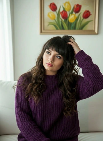 Мобильная съемка, портрет девушки, сидит на белом диване, мягкий свет через окно, создающий линю на глазах. Она в уютном насыщенном фиолетовом свитере. Она поправляет волосы 
Кожа подсвечена, губы в блеске объемные  
Фон: светлый интерьер комнаты, картина на стене большая нарисованная  цветы тюльпаны видны мазки 
Волосы блестящие блестящие объемные ниже пояса слегка падают на лицо, челка как на фото
Ресницы пышные
Не меняй черты лица