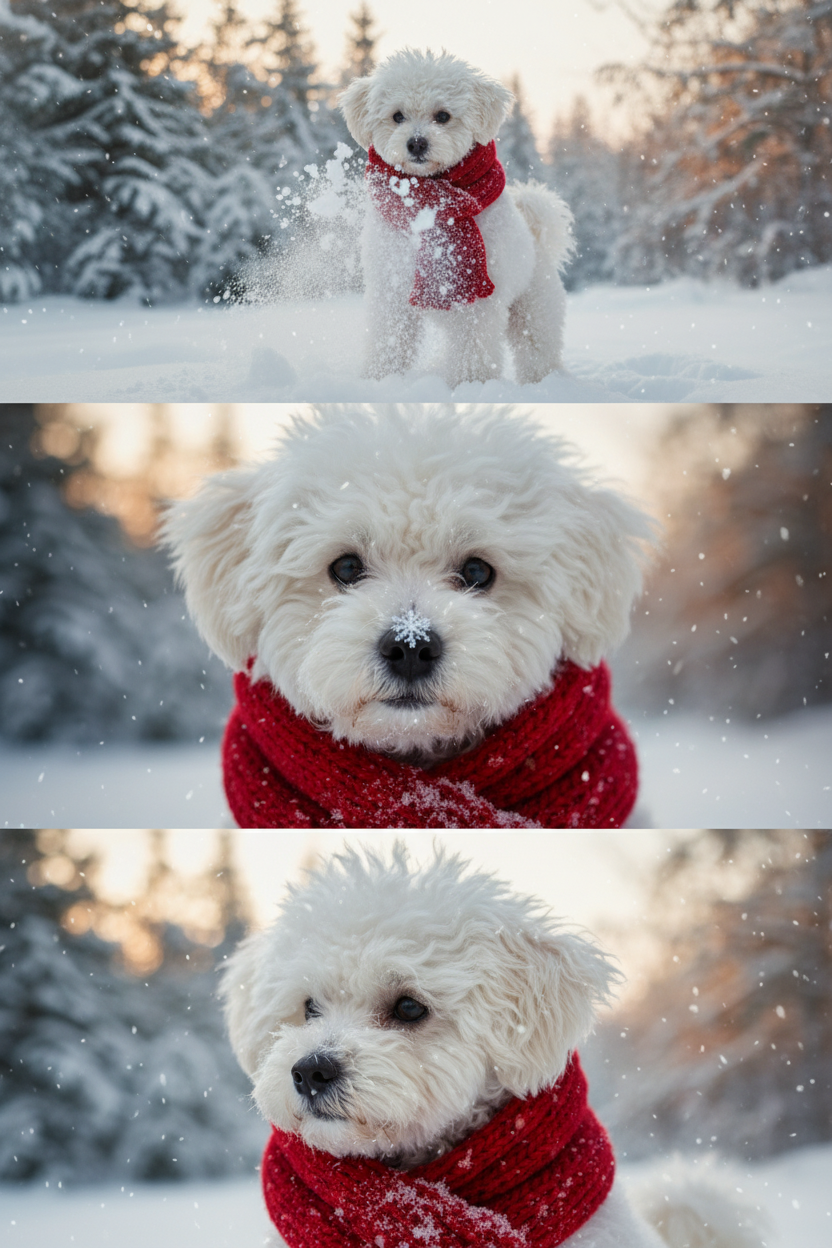     Коллаж из 3-Х фото моего питомца на зимнем фоне в снегу. Питомец в вязаном шарфе, вокруг падает снег, на заднем плане заснеженный лес.

Первый кадр — питомец в полный рост. Он играется со снегом 

Второй кадр — крупный план, увеличенный кадр мордочки питомца с одной снежинкой на носике. Мордочка питомца занимает весь кадр, взгляд прямо в камеру 
 
Третий кадр - портрет питомца, он смотрит в левую сторону. На фото виден шарф, на шарфу есть снежинки 

Три кадра объединены в вертикальный коллаж в едином тоне и свете. Атмосфера — реалистичная, теплая и немного кинематографичная.
Свет мягкий, утренний.  Цвет шарфа - красный 