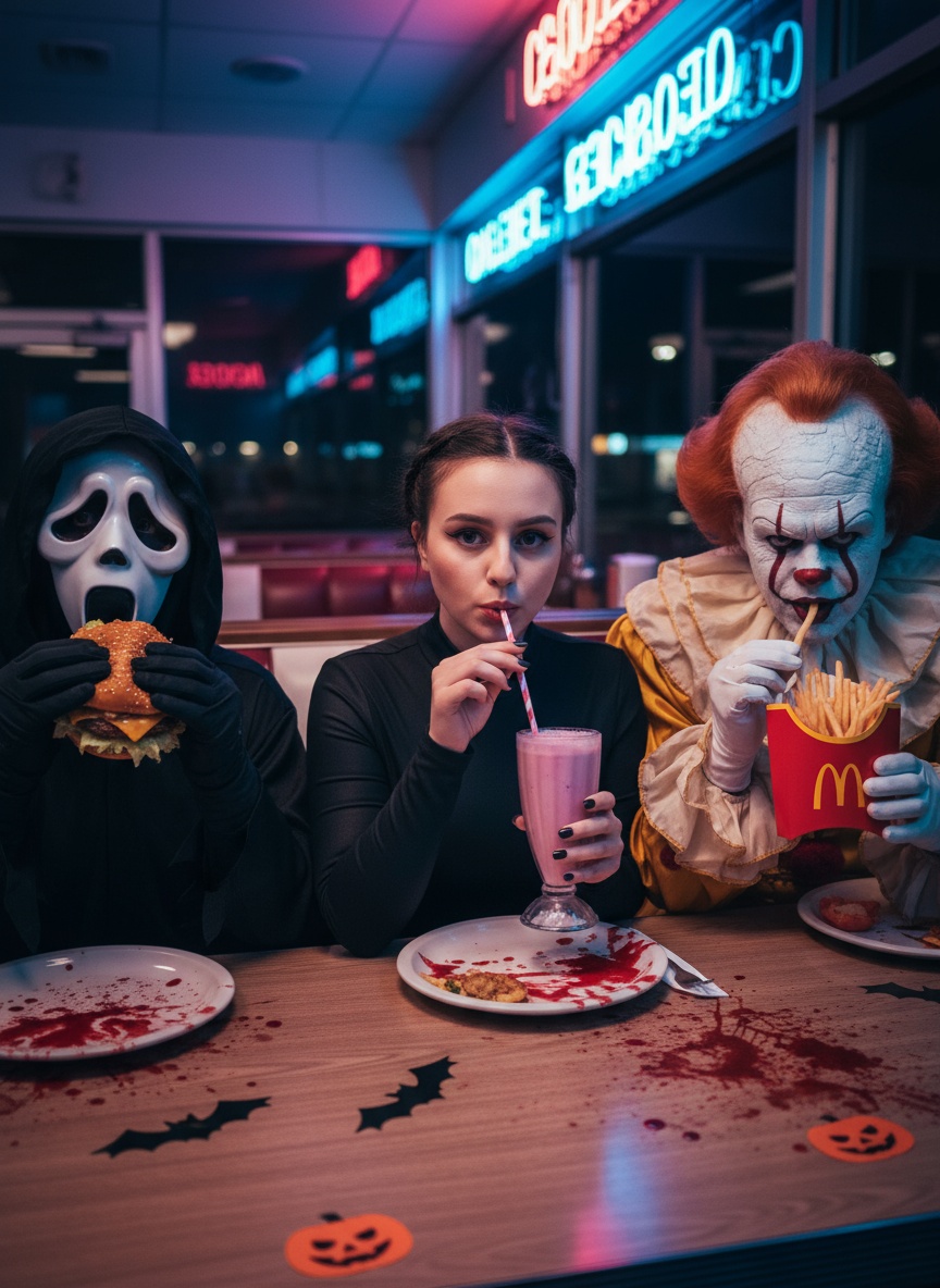 Создайте кинематографическую фотографию на тему Хэллоуина в ночном ретро-американском ресторане, освещённом розовыми и синими неоновыми огнями, отражающимися от стен и окон. За столом сидят три персонажа: слева — человек в маске Призрачного Лица из фильма «Крик», едящий гамбургер; в центре — я, как на прикреплённом изображении, женщина в чёрном костюме, держащая стакан и пьющая розовый молочный коктейль через трубочку. В левой руке она держит соломинку, а в правой — стакан; справа — человек в костюме Пеннивайза, клоуна из фильма «Оно», ест картофель фри из McDonald's. Стол украшен наклейками с летучими мышами и тыквами, а также на нём есть пятна искусственной крови. Атмосфера жуткая, но весёлая, смешивает юмор и ужас. Все трое смотрят в камеру. Высококачественная съёмка, кинематографическое освещение, яркое неоновое свечение, детальные текстуры.