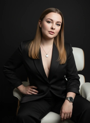 Create a portrait without altering facial features. A hyper-realistic studio portrait of a stunningly beautiful young woman with shiny, straight, light brown hair, sitting confidently in a modern white leather chair against a black backdrop. She wears a tailored black silk suit with wide lapels and a deep V-neck. Her pose is relaxed yet powerful, with one hand resting on her hip and the other lightly touching her knee. She wears an elegant silver necklace with a round pendant and a luxurious watch on her left wrist. Her makeup is elegant: precise eyeliner, soft pink matte lips, and expressive brows. Her gaze is direct, piercing, and slightly mysterious, looking directly at the camera. Soft, dramatic lighting from the left highlights her facial features and hair texture. Cinematic, high-art editorial style, 8K resolution, ultra-detailed skin texture, professional photography, shallow depth of field, fashion magazine cover aesthetic.
