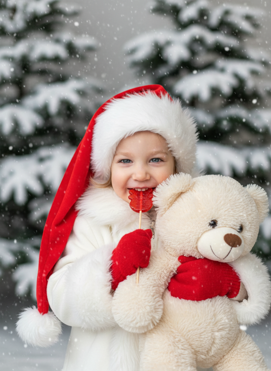 Создайте портрет улыбающегося ребенка в 8K-качестве, в длинной шапке Санты Клауса, красных варежках и в белом зимнем пальто или куртка с отделкой и подкладкой из белого меха или шерпы на воротнике, манжетах и ​​спереди поверх. Ребенок обнимает большого плюшевого мишку и кушает леденец Петушок на палочке. Размытые деревья (ели) на заднем плане создают мягкую глубину. Это идиллическая и праздничная зимняя фотография с мягким падающим снегом. Bзображение передаёт нежное, игривое и немного волшебное ощущение. Сохраните черты лица человека на представленном фото.