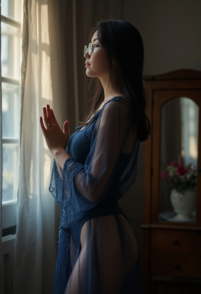 Қою көк боди мен мөлдір халат киген әйел қабырға жанында тұр, қолдары жоғары көтерілген, денесі профильмен аздап бұрылған. Жанындағы терезеден түскен жарық жартылай қараңғылықты тіліп, силуэтті ерекшелеп тұр. Арт жағында айнасы бар винтажды ағаш шкаф, көрініс бөлшектерін бейнелейді. Жақын план, жарық пен көлеңке ойыны матаның текстурасын айқындайды.