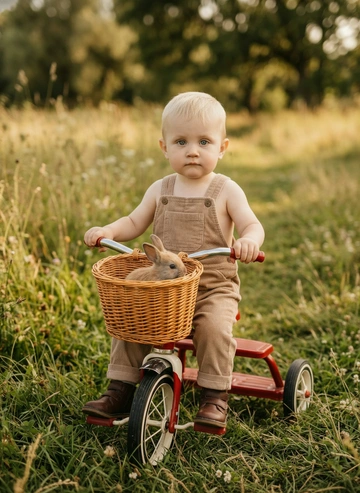 Создано с помощью сервиса Создать фото в режиме PRO

Промпт пользователя:
Make the photo with the reference photo. Don't change the face.
A toddler  sits on a red tricycle.  The child wearing a light brown corduroy overall  and dark brown leather boots.  The child's pose is engaging, looking directly at the camera .  The tricycle is red with white rims and a wicker basket, warm orange-toned, atop the handlebars.   The environment is a grassy meadow, with out-of-focus greenery and trees in the background.  Natural daylight softly illuminates the scene. The colors are primarily warm and muted. The composition is centered on the child, drawing attention to the interaction between child and animal.  The image style is informal and playful, suggesting a natural, candid moment between a child and an animal.  The perspective is from a slightly elevated angle, capturi....

#животные #ребенок #природа #парк #лето #тренды #иисервис