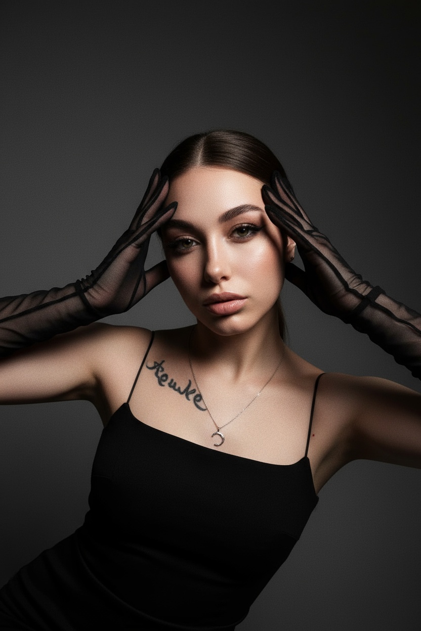 На моей фотографии крупным планом изображена гламурная женщина на темно-сером фоне, в прозрачных чёрных перчатках и чёрном платье. Она позирует, обрамляя лицо руками, отбрасывая на глаза эффектные тени. Яркий макияж глаз с аккуратной подводкой, гладкая и безупречная кожа, кинематографическое освещение, стиль высокой моды, атмосфера таинственности и соблазнительности. 