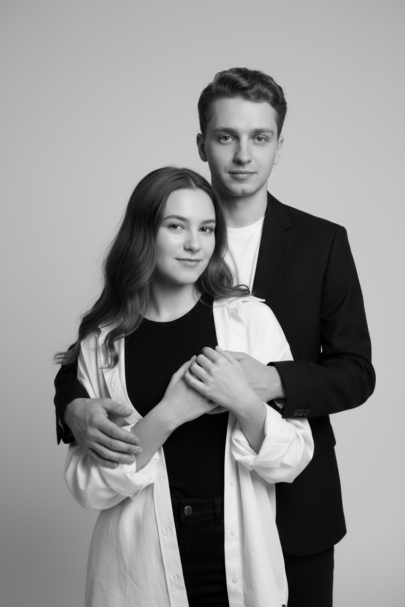 Черно-белый портрет мужчины и женщины в стиле фэшн фотосессии в фотостудии. Не изменяйте лица. Фон нейтральный, однотонный, светло-серый. Атмосфера интимная и спокойная. На переднем плане женщина. Вся композиция выполнена в приглушенной монохромной гамме со студийным освещением, которое подчеркивает текстуру кожи и одежды. Её руки лежат на груди мужчины. Мужчина обнимает женщину сзади, положив свою руку поверх её руки. Она одета в черный топ, белую оверсайз рубашку. Мужчина одет в  классическом черном пиджаке и белой футболке.
