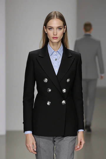Женщина стоит на подиуме в образе от Prada: строгий двубортный пиджак черного цвета, украшенный серебристыми пуговицами, под ним светло-голубая классическая рубашка, строгие серые брюки. Минималистичный фон, мягкое освещение, средний план, смотрит прямо в камеру.