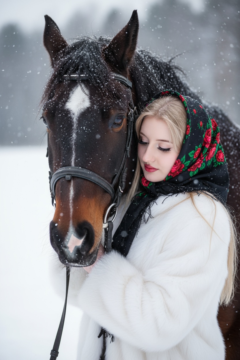На изображении крупным планом показаны девушка и лошадь в зимней обстановке. Снег падает, создавая эффект заснеженности.девушка, одетая в шубу, обнимает лошадь. у девушки нарощенные ресницы. Девушка смотрит вниз и обнимает лошадь. На ее голове надет черный платок с ярким цветочным узором, включающим красные розы и зеленые листья. На ее губах нанесена красная помада.Лошадь темной масти, на лбу у нее белое пятно в форме ромба. На голове лошади надета упряжь. Мех и шерсть обоих покрыты снежинками.Фон представляет собой размытый зимний пейзаж с деревьями. На девушке пушистая белая шуба