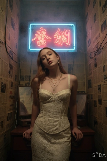 Используйте отправленную мной фотографию в качестве референса. Создайте фотореалистичный гонконгский ретро-портрет с аутентичным видом фильма 1990-х годов, как кадр из мрачного фильма. Строго сохраняйте индивидуальность (разрез глаз, губы, переносицу, линию подбородка, тон кожи). Вертикальный портрет, от середины бедра до головы (3/4 тела). Модель стоит, слегка наклонившись к камере, обе руки лежат на небольшом деревянном шкафу позади нее; плечи расслаблены. Подбородок слегка опущен, взгляд вверх, в камеру с меланхоличным, спокойным выражением. Сцена: тесная, захламленная гонконгская комната, стены от края до края оклеены пожелтевшими кантонскими газетами. Позади модели: туманная неоновая китайская вывеска (красный и голубой), светящаяся сквозь туман у потолка. Загроможденная мебель: компактный шкаф, разбросанные провода, виден край небольшого зеркала. Гардероб и стиль: платье в стиле корсета из кремового/слоновой кости кружева (со вкусом, неоткровенное), многослойные изящные золотые ожерелья, маленькие серьги-кольца или жемчужные серьги. Волосы взъерошены. Лицо должно быть точной копией моих настоящих черт лица, не меняйте лицо и сделайте фотографию высокого разрешения.