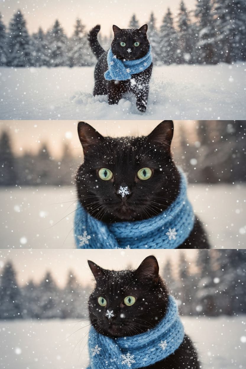     Коллаж из 3-Х фото моего питомца на зимнем фоне в снегу. Питомец в вязаном шарфе, вокруг падает снег, на заднем плане заснеженный лес.

Первый кадр — питомец в полный рост. Он играется со снегом 

Второй кадр — крупный план, увеличенный кадр мордочки питомца с одной снежинкой на носике. Мордочка питомца занимает весь кадр, взгляд прямо в камеру 
 
Третий кадр - портрет питомца, он смотрит в левую сторону. На фото виден шарф, на шарфу есть снежинки 

Три кадра объединены в вертикальный коллаж в едином тоне и свете. Атмосфера — реалистичная, теплая и немного кинематографичная.
Свет мягкий, утренний. Цвет шарфа - голубой