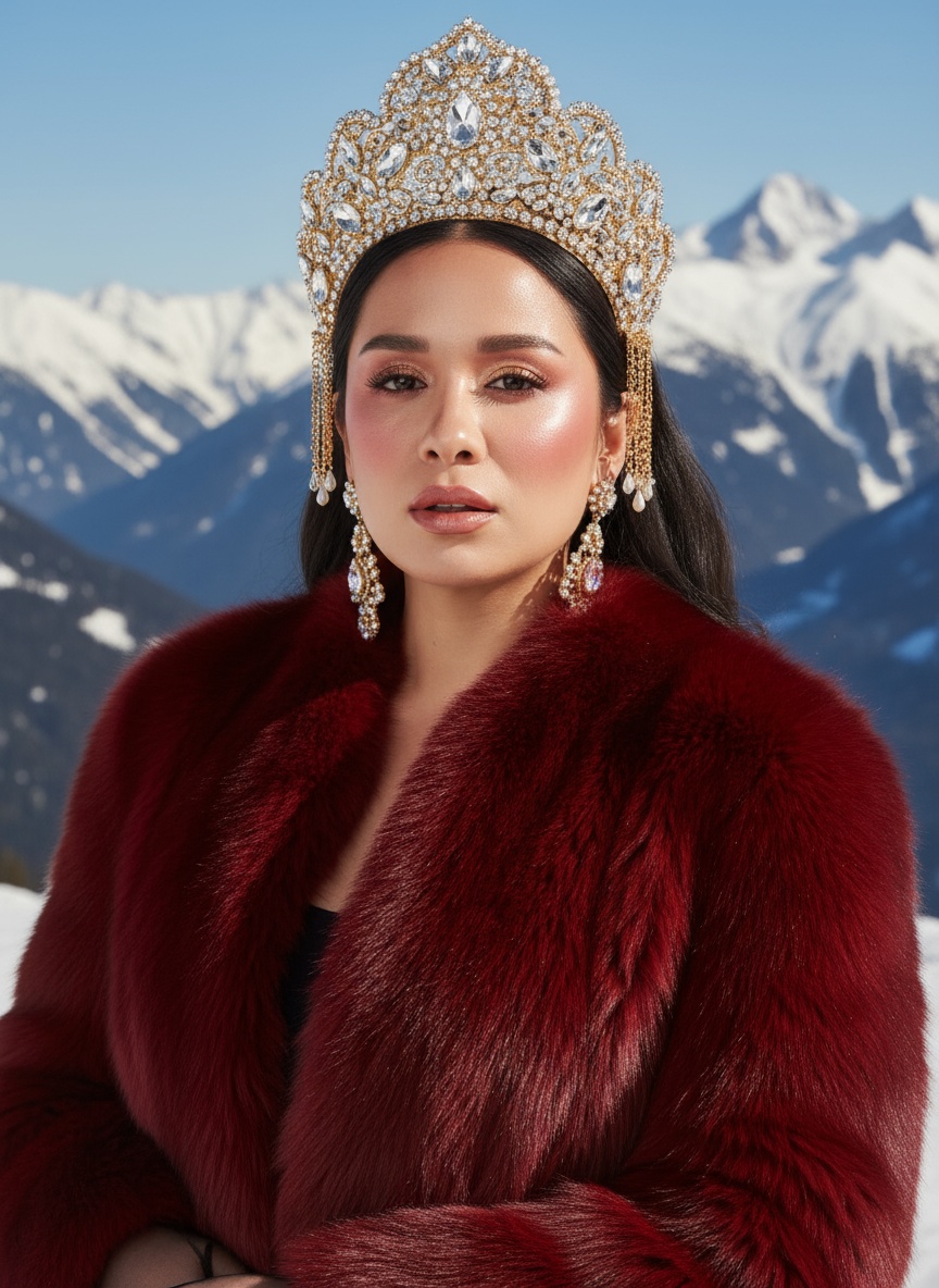  Создай портрет на открытом воздухе в стиле высокой моды, вдохновлённый редакционной фотографией Vogue.
Человек элегантно позирует на фоне заснеженных гор под ярким солнечным светом.
На заднем плане кинематографический альпийский пейзаж с чистым небом и свежим воздухом. Модель одета в роскошную красную шубу с плотной текстурой, украшенная детализированным ювелирным головным убором похожий на кокошник и подходящими серьгами, которые сверкают на свету.
Кожа светящаяся, губы слегка приоткрыты, макияж с ярким румянцем и глянцевым финишем. Освещение яркое, насыщенное и кинематографическое, подчёркивающее контраст между красной шубой и холодными тонами заснеженных гор.
Стиль: мода Vogue, высокая мода, ультрареализм, богатая цветовая палитра, разрешение 8К, естественный солнечный