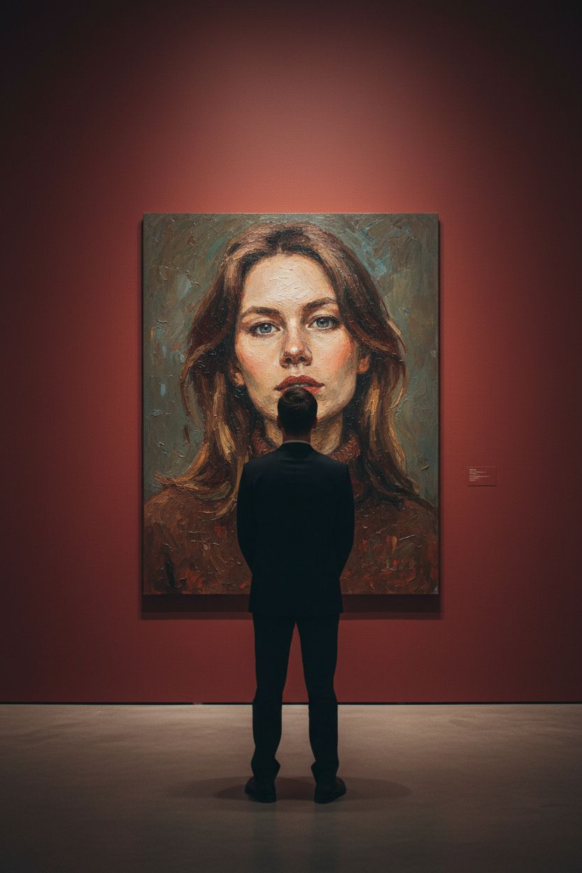 Создай сцену в галерее современного искусства, используй прилагаемое изображение лица и внешности человека, не меняя черты лица. На стене висит большой портрет человека маслом. Её лицо и верхняя часть тела написано в реалистичной, экспрессивной манере масленной живописи с текстурированными мазками и приглушенными цветами. Чистая красная стена галереи создаёт профессиональную атмосферу выставки благодаря мягкому освещению, освещающей произведения искусства. Перед картиной с видом сзади, стоит мужчина рассматривая картину, что придаёт сцену кинематографическое и таинственное настроение.
