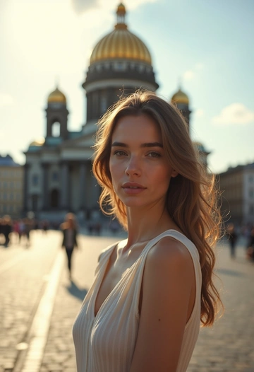 Женщина стоит на фоне Исаакиевского собора в Санкт-Петербурге, на ней легкое воздушное платье, подчеркивающее её фигуру. Она находится в крупном плане, её лицо выражает уверенность и спокойствие, глаза смотрят прямо в камеру. За ней величественный собор с золотым куполом и колоннами, яркие детали архитектуры оттеняют её наряд. Свет мягкий, создавая атмосферу уюта, а солнечные лучи освещают её волосы, создавая эффектного сияния.