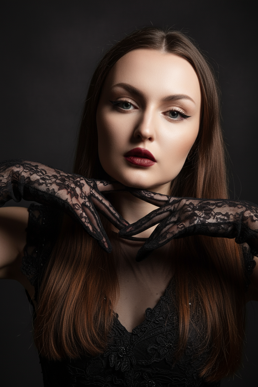 На моей фотографии крупным планом изображена гламурная женщина на темно-сером фоне, в прозрачных чёрных перчатках и чёрном платье. Она позирует, обрамляя лицо руками, отбрасывая на глаза эффектные тени. Яркий макияж глаз с аккуратной подводкой, гладкая и безупречная кожа, кинематографическое освещение, стиль высокой моды, атмосфера таинственности и соблазнительности. 