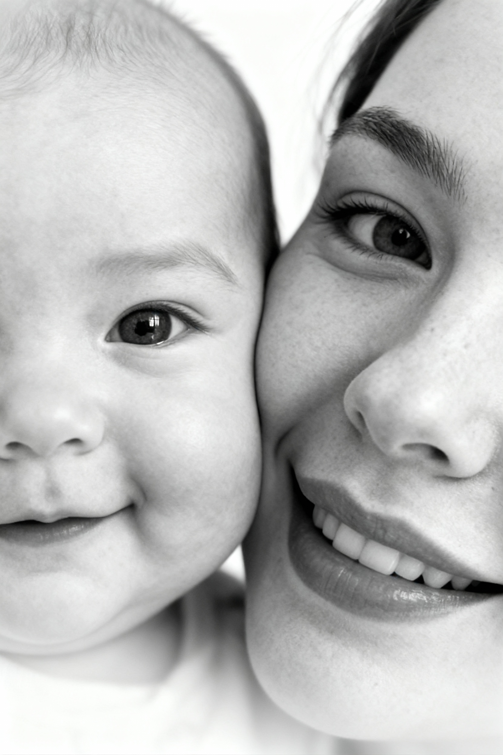 Сверхреалистичная черно-белая художественная фотография 8K женщины и ребенка, снятая очень крупным планом, щека к щеке так что видны только правая половина лица женщины и левая половина лица ребенка. которые смотрят в камеру. Их лица расположены рядом, почти соприкасаясь, образуя идеально сбалансированную симметричную композицию. Каждая деталь передана с фотографической точностью: тонкая текстура кожи и плавные градиенты света и тени. Видимая половина женщины включает ее бровь, один глаз , часть ее носа, щеку и губы, слегка приоткрытые в нежной, естественной улыбке, Видимая половина ребенка включает один глаз , круглую мягкую щеку, часть носа и небольшую улыбку, Фон белый и слегка размытый, что подчеркивает эмоциональную близость между ними. Освещение мягкое и рассеянное, создает деликатный контраст и тональную глубину. На снимке запечатлены нежность, близость и связь между матерью и ребенком, запечатленные с потрясающей реалистичностью. Не меняй черты лиц. 