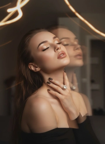 Создайте портрет женщины с длинными, волнистыми, влажными волосами, свободно ниспадающими на плечи, некоторые пряди прилипают к лицу. Она чувственно смотрит в камеру, слегка откинув голову назад, словно наслаждаясь мгновением покоя или чувственности. Её рука нежно лежит на шее, на пальце – эффектное сверкающее кольцо. Плечи опущены. Тёмный, почти однотонный и размытый фон подчёркивает силуэт и лицо женщины. Весь образ мастерски передан с помощью размытия в движении и световых бликов, которые создают ощущение естественного, сказочного движения головы и руки. Мягкие, тёплые тона, лёгкое свечение кожи и губ создают интимную, чувственную и таинственную атмосферу. Эффекты: размытие в движении, художественная длительная выдержка, тёплые тона, атмосфера сновидения. Макияж выразительный: длинные чёрные ресницы, бежевые тени с лёгким мерцанием, выразительные контуры и румяна, безупречная кожа и пухлые губы с нюдовым блеском и тёмно-коричневым карандашом для губ. Ухоженные брови с эффектом Bravenlifting. Длинные, заостренные ногти. Реалистичное фото, как будто снято на профессиональную камеру. Сохраните черты лица такими, какие они есть.
