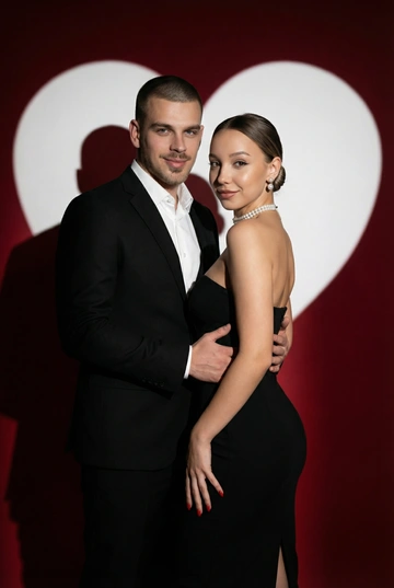 Фотореалистичный редакционный крупный портрет по пояс для пары по референсным фото. Мужчина и женщина позируют вместе, стоят близко. Мужчина одной рукой приобнимает женщину за талию. Фон: тёмно-красный студийный задник, большое белое сердце, проецируемое на стену. Сохранить внешность обоих: реальные черты лица, естественная текстура кожи, реальный цвет и длина волос, без ретуши и изменений. Женщина: облегающее чёрное вечернее платье без бретелей с небольшим разрезом, жемчужный чокер, жемчужные серьги, красный маникюр. Поза в три четверти, спина слегка выгнута, одна рука на поясе или касается руки мужчины. Лёгкая улыбка, взгляд в камеру. Мужчина: чёрный классический костюм, белая рубашка. Прямая осанка, уверенная поза. Взгляд в камеру, легкая улыбка. Свет: драматическое боковое студийное освещение, высокий контраст, чёткие тени на фоне. Композиция: вертикальный кадр по пояс, пара в центре, негативное пространство вокруг сердца. Стиль: фотореализм, модная редакционная съёмка, кинематографическая цветокоррекция (тёплые красные, глубокие чёрные), высокая детализация. Прическа: гладкий низкий пучок.