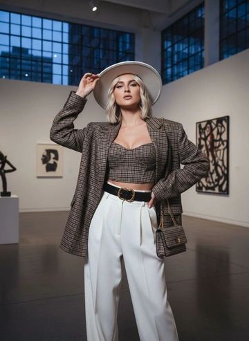 Промт 1
На портрете изображена женщина, излучающая атмосферу высокой моды в современном арт-галерее. Она одета в структурированный, объемный коричневый пиджак в клетку, который накинут поверх соответствующего укороченного корсета. В комплект входят высокие белые брюки с плессировкой. Образ дополняют широкий пояс с крупной золотой пряжкой, белая широкополая шляпа и стильная маленькая сумка. Драматическое освещение подчеркивает её выразительную позу и роскошные детали наряда. Фон представляет собой минималистичное архитектурное пространство, наполненное атмосферой sophistication и современного элегантного стиля.