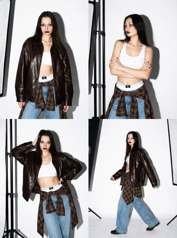  Коллаж из четырех фотографий женщины с загруженной фотографии лицо не изменять 100% сходство в стиле high-fashion и streetwear. Она позирует в студии с жестким направленным светом. На ней надет белый спортивный топ-бра и трусы-боксеры с логотипом на резинке (стиль Miu Miu), светлые голубые джинсы свободного кроя и объемная темно-коричневая кожаная куртка из глянцевой кожи. На талии повязана коричневая клетчатая рубашка в стиле гранж. 
Детализация для нейросети 
• Внешность и поза: Модель с выразительными чертами лица. Позы динамичные: взгляд в камеру, легкий наклон корпуса, руки в движении. 
• Одежда и текстуры: 
• Куртка: Оверсайз, темно-шоколадного цвета, с интенсивным виниловым или лакированным блеском. 
• Белье: Белый хлопковый трикотаж с минималистичным черным текстом по центру резинки. 
• Низ: Светло-голубой деним, классическая клетка «тартан» на рубашке (бежевый, коричневый, белый цвета). 
• Освещение и фон: Профессиональный студийный свет, создающий глубокие контрастные тени на белом фоне. Видны элементы студийного оборудования (стойка софтбокса) по краям кадра, что добавляет эстетику «backstage» или журнальной съемки. 
• Стиль съемки: Эстетика модных журналов 2000-х (Y2K) в современной интерпретации. Высокое разрешение, четкие текстуры кожи и ткани, эффект вспышки «в лоб».
3:4