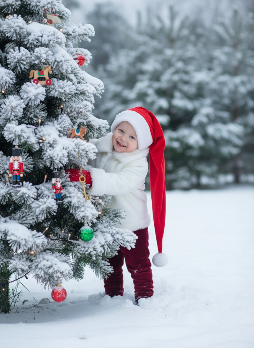 Создайте фотографию ребёнка с озорной улыбкой, выглядывающего из-за заснеженной ёлки ​​в зимнем пейзаже. Ребёнок стоит слегка наклонившись вперёд. Он обнимает или придерживает одну из заснеженных веток новогодней ёлки, выглядывая из-за неё. Голова немного наклонена, лицо повернуто в сторону камеры. Одна рука опирается на ветку, другая частично скрыта за ёлкой. Ноги стоят прямо, большая часть ног скрыта за нижними ветками елки, тело расслаблено. На елки игрушечные лошадки, оловянные солдатики, щелкунчик, золотой ключик из сказки 'Буратино', гирлянда и новогодние шары. На ребенке длинная, непропорционально большая красная шапка в стиле Санта-Клауса, доходящая до бёдер, и белое зимнее пальто или куртка с отделкой и подкладкой из белого меха или шерпы на воротнике, манжетах и ​​спереди. На нём тёмно-красные/бордовые бархатные или тёплые тканевые брюки и красные варежки.  На земле лежит свежий, нетронутый снег, а размытые деревья (ели) на заднем плане создают мягкую глубину.  Рассеянное освещение навевает мысли о пасмурном зимнем дне, а общий тон изображения создаёт волшебную и игривую атмосферу. Сохраните черты лица человека на представленной фотографии такими, какие они есть.