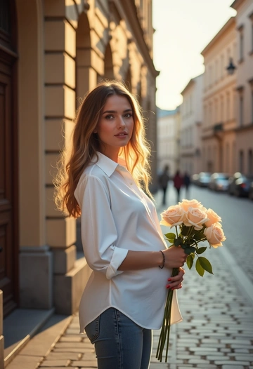 Жүкті әйел тарихи ғимараттың жанында көшеде тұрып, қолында ашық түсті раушан гүл шоғы, оның жүзі жылы жарықпен жарқырап, үміт атмосферасын қалыптастырады