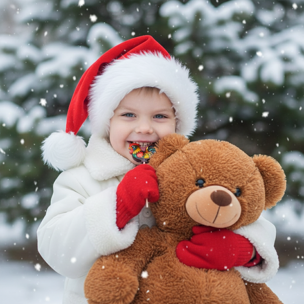 Создайте портрет улыбающегося ребенка в 8K-качестве, в длинной шапке Санты Клауса, красных варежках и в белом зимнем пальто или куртка с отделкой и подкладкой из белого меха или шерпы на воротнике, манжетах и ​​спереди поверх. Ребенок обнимает большого плюшевого мишку и кушает леденец Петушок на палочке. Размытые деревья (ели) на заднем плане создают мягкую глубину. Это идиллическая и праздничная зимняя фотография с мягким падающим снегом. Bзображение передаёт нежное, игривое и немного волшебное ощущение. Сохраните черты лица человека на представленном фото.