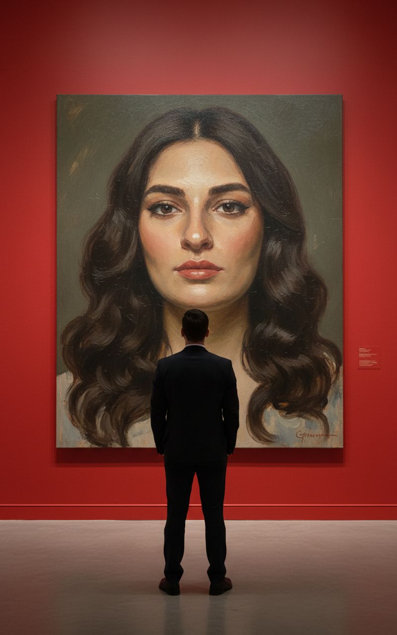Создай сцену в галерее современного искусства, используй прилагаемое изображение лица и внешности человека, не меняя черты лица. На стене висит большой портрет человека маслом. Её лицо и верхняя часть тела написано в реалистичной, экспрессивной манере масленной живописи с текстурированными мазками и приглушенными цветами. Чистая красная стена галереи создаёт профессиональную атмосферу выставки благодаря мягкому освещению, освещающей произведения искусства. Перед картиной с видом сзади, стоит мужчина рассматривая картину, что придаёт сцену кинематографическое и таинственное настроение.