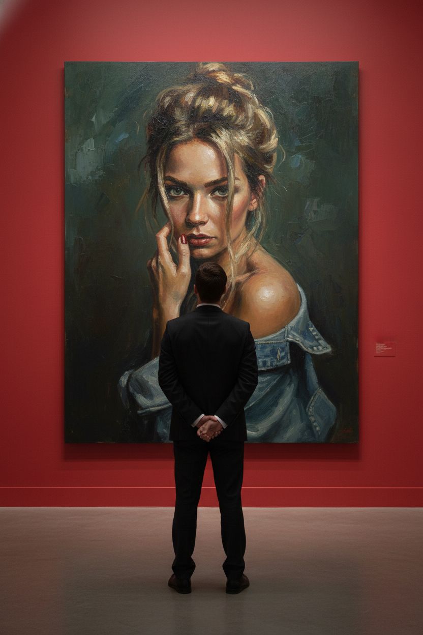 Создай сцену в галерее современного искусства, используй прилагаемое изображение лица и внешности человека, не меняя черты лица. На стене висит большой портрет человека маслом. Её лицо и верхняя часть тела написано в реалистичной, экспрессивной манере масленной живописи с текстурированными мазками и приглушенными цветами. Чистая красная стена галереи создаёт профессиональную атмосферу выставки благодаря мягкому освещению, освещающей произведения искусства. Перед картиной с видом сзади, стоит мужчина рассматривая картину, что придаёт сцену кинематографическое и таинственное настроение.