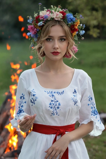 Молодая женщина стоит на фоне мерцающего костра в белом хлопковом платье с рукавами три четверти, украшенном тонкой синей вышивкой и алым поясом. Пышный венок из маков и васильков украшает её волосы. Смотрит прямо в камеру, обе ладони лежат на груди.