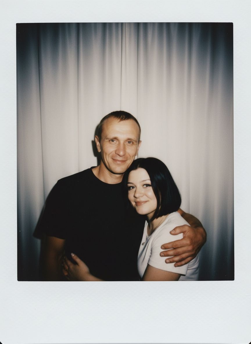 Take a picture with a Polaroid camera. the photo should look like a normal photo, without any clear subject or props. The photo should have a consistent light source such as a flash from a dark room, spread throughout the photo. Do not change the faces. Replace the background behind the two people with a white curtain. Люди на фото обнимаются, мужчина чуть выше девушки, у девушки прическа черное каре. Люди на фото улыбаются 