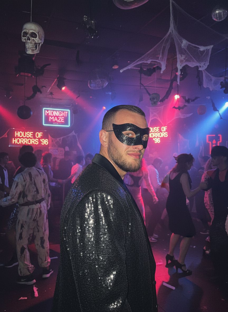 Мужской портрет в стиле ретро-вечеринки Хэллоуина 90-х. Мужчина оглядывается через плечо, снимок сделан со вспышкой. На нём чёрный костюм в стиле маскарада. Атмосфера непринуждённая, но с элементами хоррора и клубной эстетики.