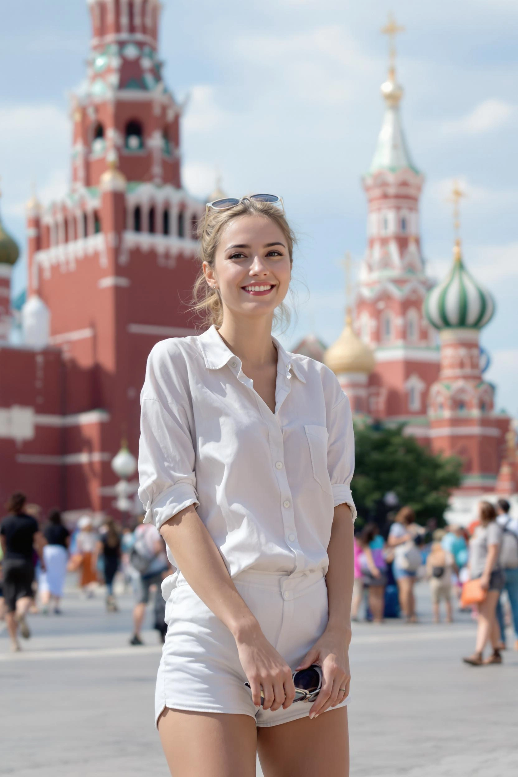 Женщина с собранными волосами в светлой льняной рубашке и коротких шортах стоит на Красной площади, средний план, смотрит прямо в камеру, держит в руках солнечные очки. Позади башни Кремля, яркий летний день, лёгкая улыбка.