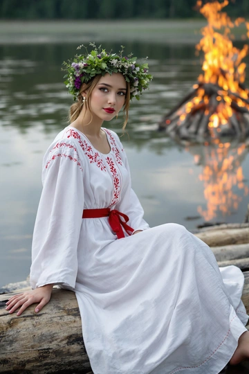 Девушка сидит на бревне у самого берега воды, на ней длинное белое хлопковое платье с широкими рукавами и тонкой вышивкой по вороту, по талии перевязан алой тесьмой. На голове пышный венок из разнотравья. Она смотрит в камеру, одной рукой опирается на бревно, вторая лежит на колене. Позади — высокий костёр и его отражение в воде.