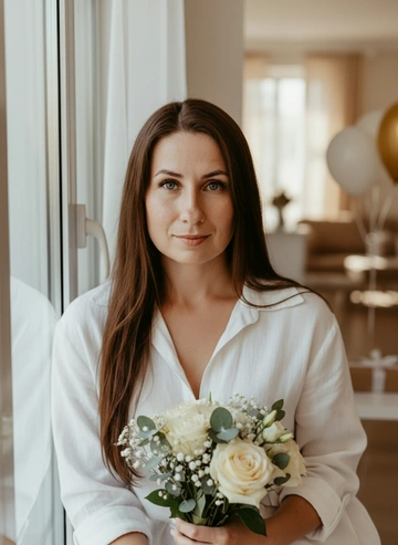 Сохрани черты лица человека на фото, не меняй внешность и индивидуальные 
детали.
\- Подстрой снимок под нежную фотосессию в день рождения в утреннем стиле.
\- Добавь естественный солнечный свет из окна и мягкие тёплые тени.
\- Детали: букет цветов, лёгкие праздничные элементы на фоне.
\- Одежда: светлый образ, спокойная элегантность, натуральные ткани.
\- Свет: мягкий дневной, без жёсткого контраста, эффект живой съёмки.
\- Кадр: крупный портрет, лёгкая улыбка, ощущение настоящего момента.
\- Стиль: airy birthday morning portrait, ultra realistic, film softness.
\- Качество: высокая детализация, натуральная текстура кожи.