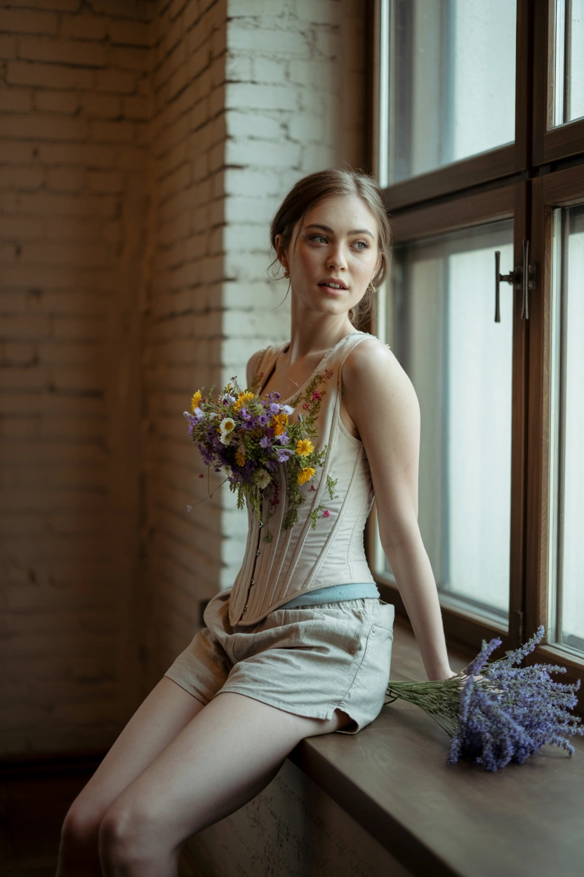 Женщина в стильной фотостудии с фактурной кирпичной стеной, одета в светлый корсет с вышитыми цветами, прямые льняные короткие шорты и легкий накидной жилет. Она сидит боком на высоком деревянном подоконнике, одной рукой опирается на край, смотря крупным планом прямо в камеру, вокруг уютная атмосфера.
