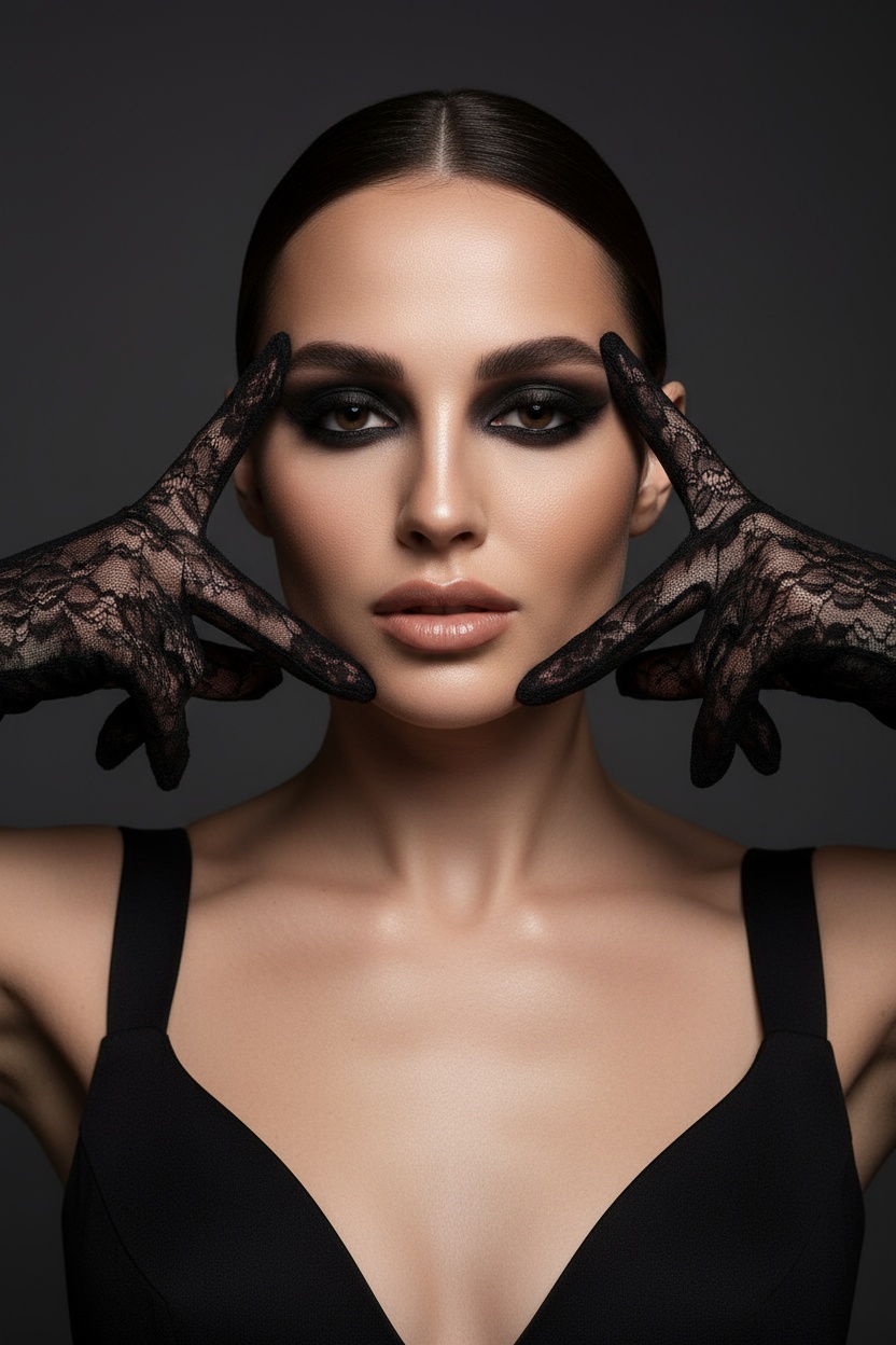 На моей фотографии крупным планом изображена гламурная женщина на темно-сером фоне, в прозрачных чёрных перчатках и чёрном платье. Она позирует, обрамляя лицо руками, отбрасывая на глаза эффектные тени. Яркий макияж глаз с аккуратной подводкой, гладкая и безупречная кожа, кинематографическое освещение, стиль высокой моды, атмосфера таинственности и соблазнительности. 