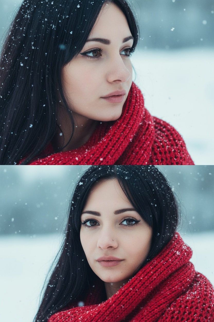 Создай коллаж из двух кадров человека, снятых крупным планом на улице зимой. Камера расположена близко, чтобы в кадре были видны лицо, шея и часть одежды. Главный акцент — на лице, глазах и снежинках, которые легли на волосы и ресницы.

Освещение мягкое, естественное, как в пасмурный зимний день. Вокруг падает лёгкий снег, отдельные снежинки чётко видны в воздухе и на коже. Фон — мягко размытый, с холодными оттенками (бело-голубой, серо-синий).

Первый кадр — человек смотрит в сторону, выражение мягкое, задумчивое, естественное. Крупный план лица, видно часть красного шарфа.
Второй кадр — прямой взгляд в камеру, нейтральное или лёгкое выражение лица, ресницы в снегу. Крупный план лица, видно часть красного шарфа.

Кожа чистая и естественная, без ретуши, текстура лица и губ сохранена. Фото выглядят как профессиональная зимняя портретная съёмка крупным планом, с эффектом свежести и спокойствия.

Оба кадра объединены в вертикальный коллаж в едином тоне и свете. Атмосфера — реалистичная, теплая и немного кинематографичная.