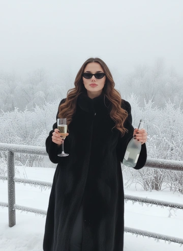 Не меняя черт лица, волос и телосложение
Ультрареалистичное фото
Девушка стоит зимой в сильный мороз у покрытых инеем перил ограждения, облокотившись спиной, девушка в чёрной длинной шубе, вокруг стоит туман, за перилами густые деревья в снегу, в одной руке у неё бокал шампанского а в другой шампанское, волосы распущенные в стиле Олд Мани 
На глазах черные узкие солнцезащитные очки
