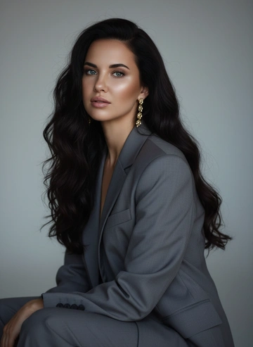 Создайте ультрареалистичную фотографию с мягкой и освещенной загорелой кожей, атласной отделкой и естественным блеском, где девушка смотрит прямо в камеру. Длинные волосы с легкой волной, Спокойное и чувственное выражение лица. Она носит золотистые  серьги, Фон нейтральный в светло-сером тоне, с темным и целенаправленным низким угловым освещением, которое улучшает контур лица, контур кожи и объем волос. Стиль редактирования красоты высокой моды, четкий фокус 8K, реалистичная текстура кожи, плавная глубина резкости и изысканная и элегантная атмосфера. На девушке серый классический костюм.