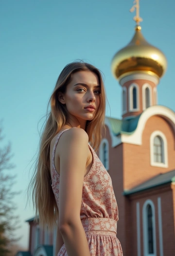 Женщина стоит на фоне Новосибирской Часовни Николая Чудотворца, ее лицо повернуто к камере. Она одета в платье, которые прекрасно контрастируют с архитектурой часовни. За ней виден купол и фасад часовни, украшенные золотыми деталями, на фоне ясного голубого неба. Здание выполнено из кирпича, отштукатурено и побелено. Фасады завершаются закомарами в виде арок с плавными изгибами и остроконечным завершением в верхней части. Крупный план.