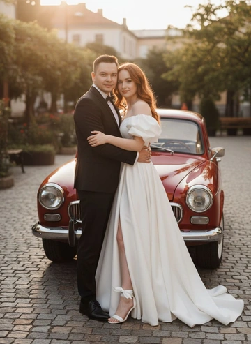 Элегантная свадебная фотосессия пары. Женщина в белом пышном платье со спущенными пышными короткими руквами, в белых босоножках на каблуках с лентами. Мужчина в классическом чёрном костюме с бабочкой. Локация — улица или двор с красным ретро-автомобилем. Освещение мягкое дневное, тёплый солнечный свет, лёгкий боковой контровой свет. Атмосфера романтичная и спокойная, фото выглядят как настоящая свадебная съёмка. Используй два загруженных фото: мужчина и женщина. Не меняй черты и пропорции лица и тела.  Средний план: пара стоит в лучах солнца, мужчина слегка обнимает женщину, тёплый контровой свет.