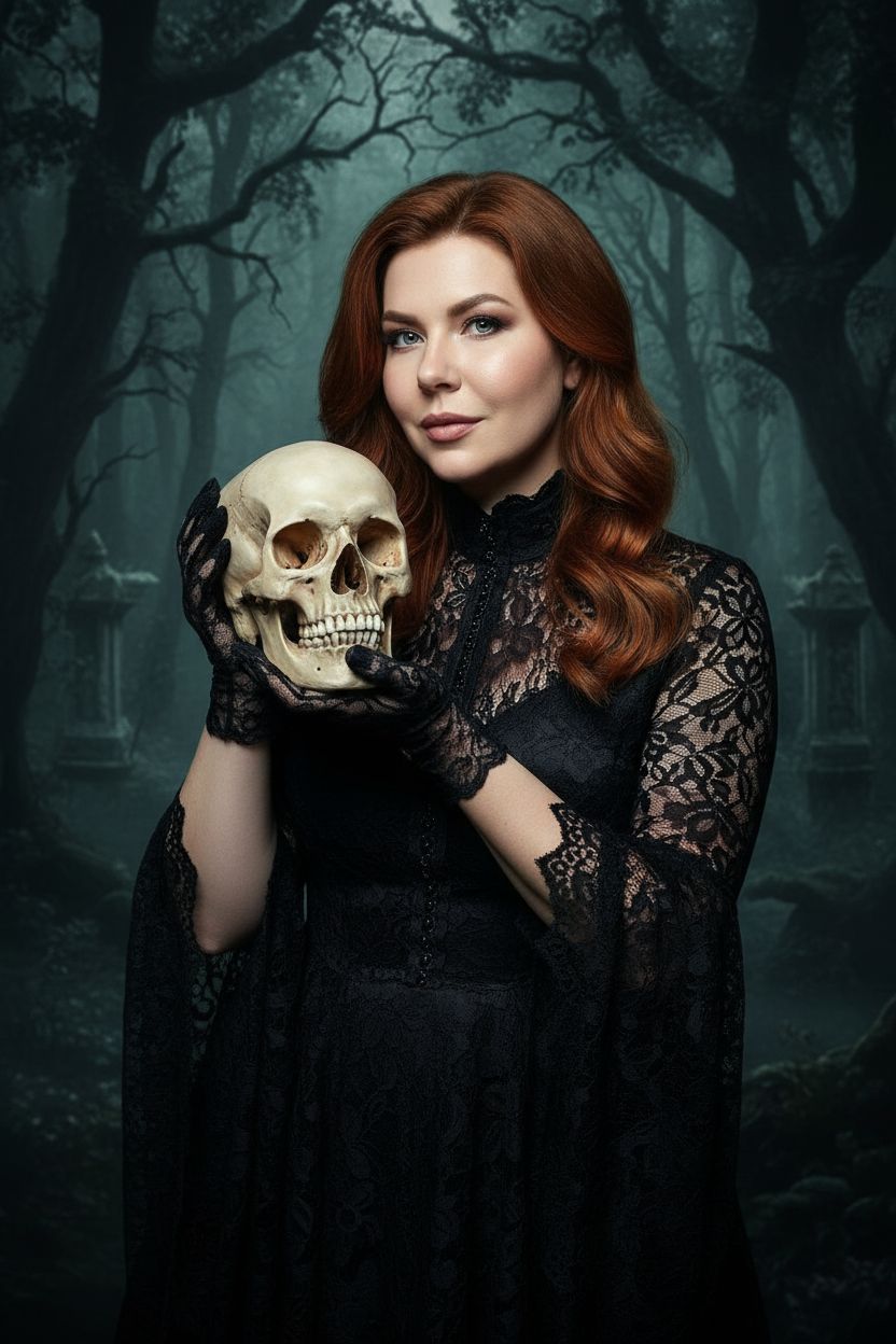 Мрачный готический портрет. Крупный план. Женщина в чёрном кружевном платье бережно держит в руках человеческий череп, позирует спокойно и загадочно. Фон в тёмно-зелёных тонах леса. Атмосфера меланхоличная, элегантная, в готическом и кинематографичном стиле.