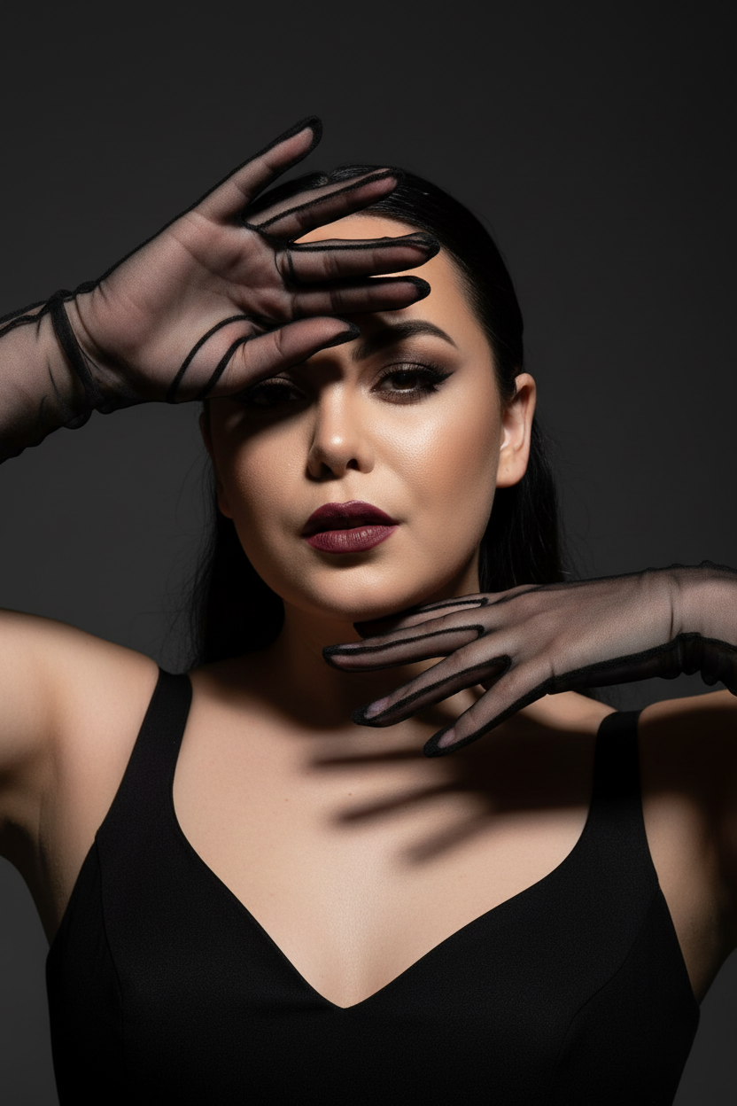 На моей фотографии крупным планом изображена гламурная женщина на темно-сером фоне, в прозрачных чёрных перчатках и чёрном платье. Она позирует, обрамляя лицо руками, отбрасывая на глаза эффектные тени. Яркий макияж глаз с аккуратной подводкой, гладкая и безупречная кожа, кинематографическое освещение, стиль высокой моды, атмосфера таинственности и соблазнительности. 