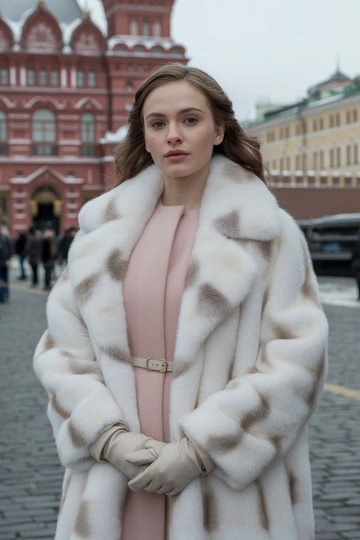 Женщина на фоне Красной площади в белой норковой шубе с объемным воротником, под шубой пудрово-розовое шерстяное платье с поясом. Стоит в расслабленной позе, смотрит прямо в камеру. Естественный макияж, распущенные волосы, в руках тонкие кожаные перчатки, образ утонченный и зимний.