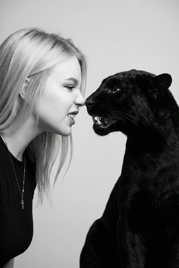 Сделай фото со мной и моим питомцем. Реалистичное фото, с высокой детализацией. Снимок меня и моего питомца в профиль. Фото сделано первым средним планом (Medium CloseUP), в кадре видно часть туловища (с головы до середины груди).
Я стою лицом к своему питомцу в строгий профиль, смотрю прямо на него.
Мой питомец расположен прямо напротив моего лица, также в профиль, смотрит прямо на меня. Наши носы почти соприкасаются. Наши головы могут быть наклонены: например, моя голова наклонена немного вниз, а голова питомца наоборот повыше. Четкая визуальная симметрия между моем лицом и головой моего питомца.
Студийное освещение, мягкий свет, создающий контрастность и скульптурные тени, на самом лице минимум тени. 
 Я и питомец игриво рычим.  Черно-белая фотография. Фон светлый, нейтральный. Вместо питомца пантера