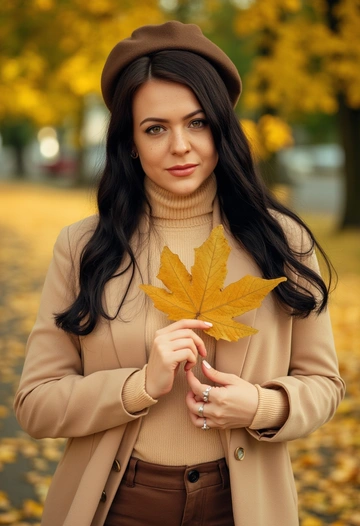 Модель: Марица
Запрос:
Портретная фотосессия женщины в осеннем стиле. На женщине надето: молочный вязаный свитер с высоким горлом, длинное свободное бежевое пальто и коричневые широкие брюки, фетровый берет в тон пальто. волосы распущенные, слегка волнистые. Фон — золотые осенние листья и мягкий солнечный свет. Атмосфера тёплая, уютная. Fashion portrait, cinematic lighting, ultra realistic, 8K. Крупный план: она держит один большой кленовый лист перед грудью, а лицо слегка подсвечено солнечными лучами, пробивающимися сквозь деревья.


#брюнетка #женщина #природа #парк #осень #макияж #натуральность