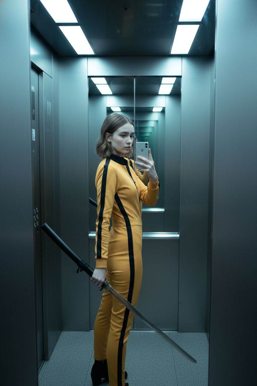 Кинематографичный кадр женщины в костюме Невесты из «Убить Билла», снятый в металлическом лифте. Жёлтый комбинезон с чёрными полосами, катана в руке, спокойное, но решительное выражение лица. Свет холодных ламп отражается от стен. Она стоит вполоборота и делает фото в зеркале лифта на iPhone. Реалистичный повседневный снимок.
