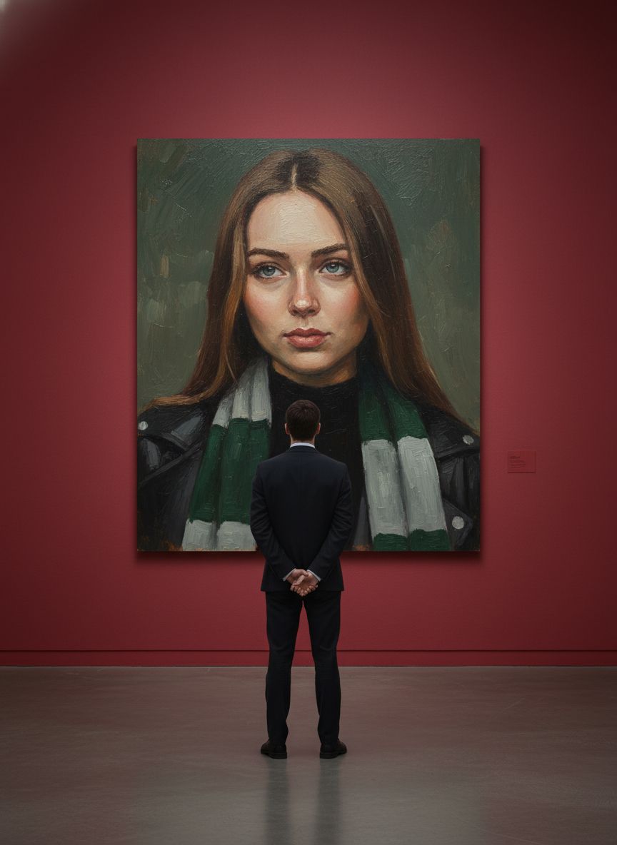 Создай сцену в галерее современного искусства, используй прилагаемое изображение лица и внешности человека, не меняя черты лица. На стене висит большой портрет человека маслом. Её лицо и верхняя часть тела написано в реалистичной, экспрессивной манере масленной живописи с текстурированными мазками и приглушенными цветами. Чистая красная стена галереи создаёт профессиональную атмосферу выставки благодаря мягкому освещению, освещающей произведения искусства. Перед картиной с видом сзади, стоит мужчина рассматривая картину, что придаёт сцену кинематографическое и таинственное настроение.