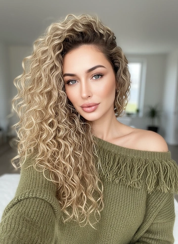 Крупный портретный кадр в стиле селфи на фронтальную камеру с вытянутой руки по верхнюю часть туловища, снятый вертикально. Композиция смещена влево: правая сторона снимка — фон комнаты, левая занята густыми, длинными локонами светлого цвета, которые аккуратно ниспадают по плечу и спине. Волосы выглядят влажными или со средним глянцем, выраженная кудрявость с плотными спиралями и отдельными прядями, создающими ощущение объёма.Макияж нюд, загорелая кожа, акцент на скуловой зоне, длинные ресницы, блеск на губах. Сходство 100%.Одежда — мягкий вязаный свитер оливково‑зелёного оттенка с очень фактурной отделкой по линии декольте: пышные, пушистые «лохматые» нитяные оборки, напоминающие слегка свитые пучки пряжи. Свитер сидит открыто на одно плечо, оголяя ключицу и верхнюю часть плеча